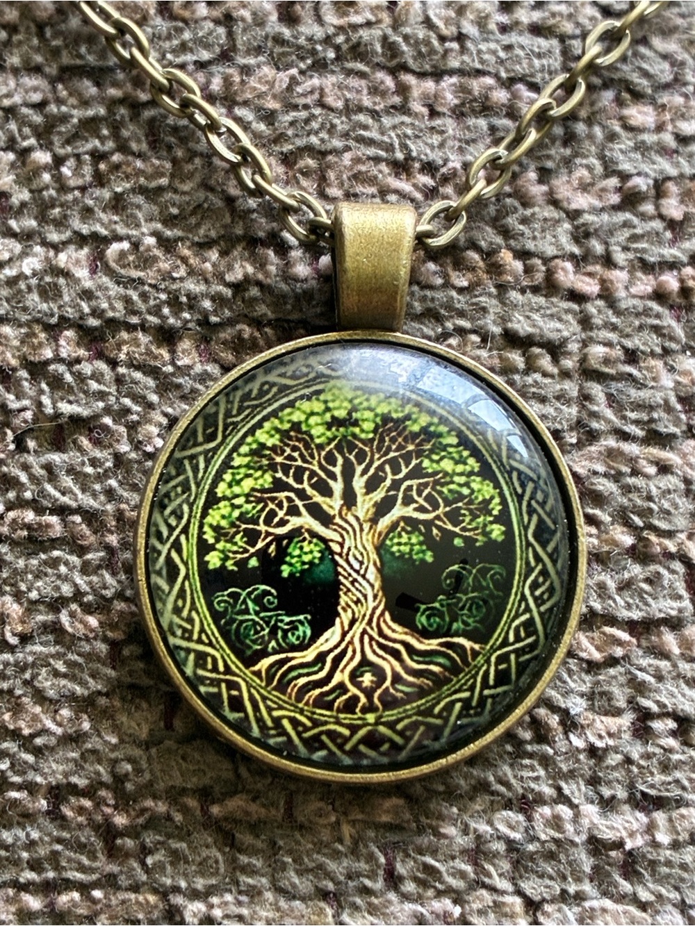 Tree of Life Pendant Necklace in Green and Gold Celtic design surrounds the tree